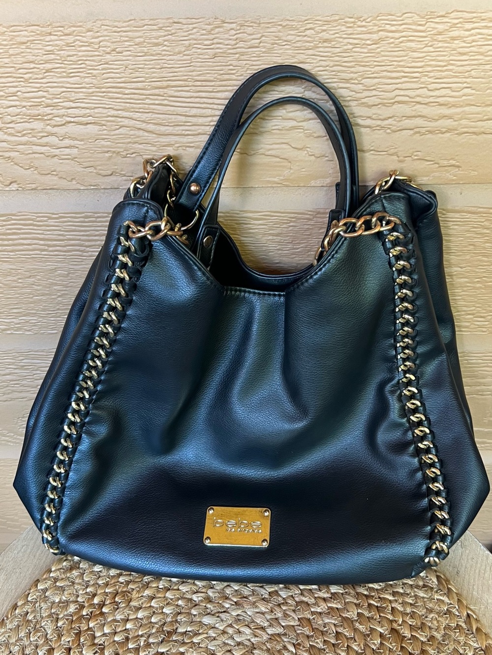 Bebe Black Colette Triple Entry Hobo Faux Leather Purse Gold Chains Large